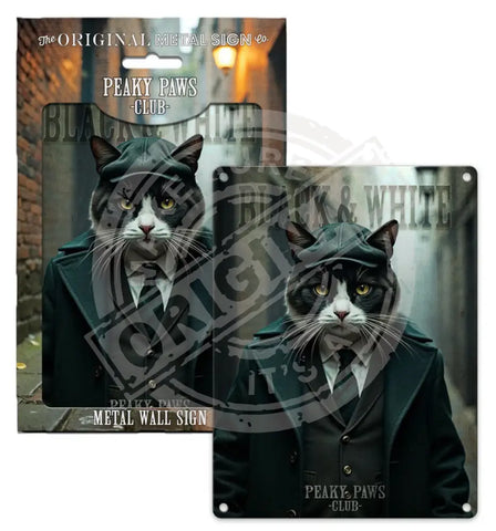 PEAKY PAWS CLUB - Black & White Cat Fridge Magnet Metal Signs