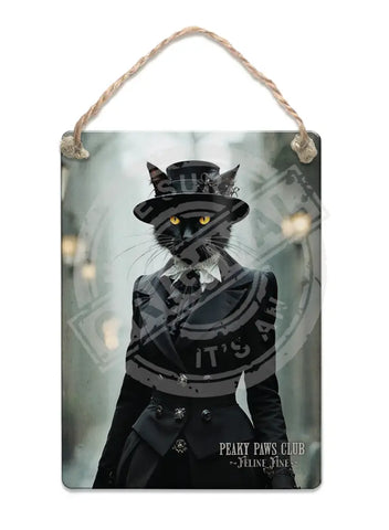 PEAKY PAWS CLUB - FELINE FINE - Black Cat Fridge Magnet Metal Signs