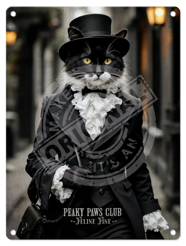 PEAKY PAWS CLUB - FELINE FINE - Black White Cat Fridge Magnet Metal Signs