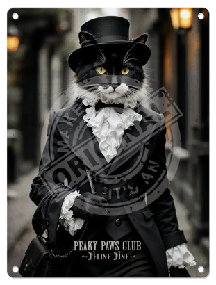 PEAKY PAWS CLUB - FELINE FINE - Black White Cat Mini Metal Sign 15cm x 20cm Metal Signs