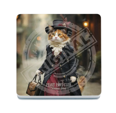 PEAKY PAWS CLUB - FELINE FINE - Calico Cat Fridge Magnet Metal Signs