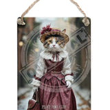 PEAKY PAWS CLUB - FELINE FINE - Calico Cat Pink Dress Dangler Metal Signs