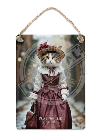 PEAKY PAWS CLUB - FELINE FINE - Calico Cat Pink Dress Fridge Magnet Metal Signs