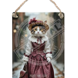 PEAKY PAWS CLUB - FELINE FINE - Calico Cat Pink Dress Dangler Metal Signs