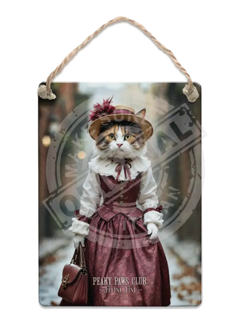 PEAKY PAWS CLUB - FELINE FINE - Calico Cat Pink Dress Fridge Magnet Metal Signs