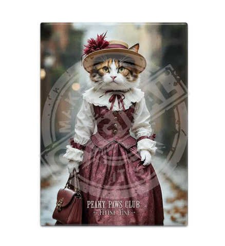 PEAKY PAWS CLUB - FELINE FINE - Calico Cat Pink Dress Fridge Magnet Metal Signs