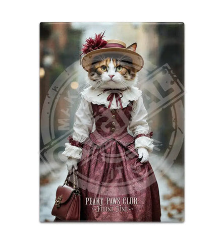 PEAKY PAWS CLUB - FELINE FINE - Calico Cat Pink Dress Fridge Magnet Metal Signs