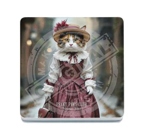 PEAKY PAWS CLUB - FELINE FINE - Calico Cat Pink Dress Fridge Magnet Metal Signs