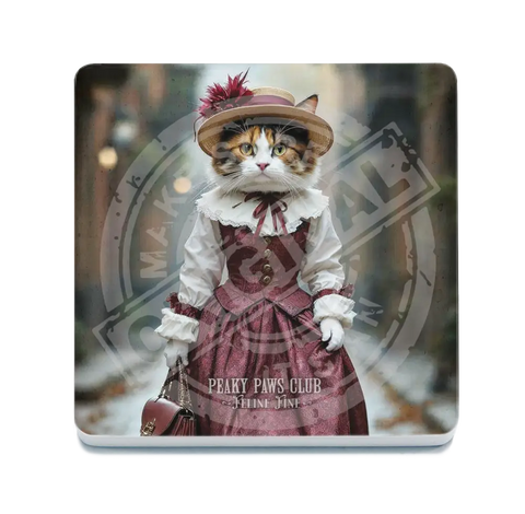 PEAKY PAWS CLUB - FELINE FINE - Calico Cat Pink Dress Fridge Magnet Metal Signs