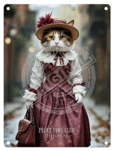 PEAKY PAWS CLUB - FELINE FINE - Calico Cat Pink Dress Fridge Magnet Metal Signs