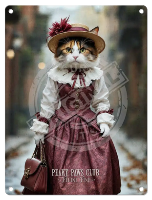 PEAKY PAWS CLUB - FELINE FINE - Calico Cat Pink Dress Mini Metal Sign 15cm x 20cm Metal Signs