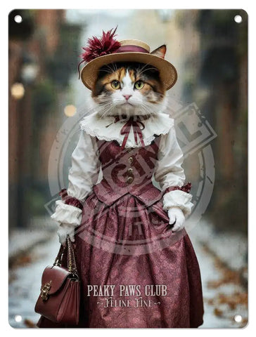 PEAKY PAWS CLUB - FELINE FINE - Calico Cat Pink Dress Fridge Magnet Metal Signs
