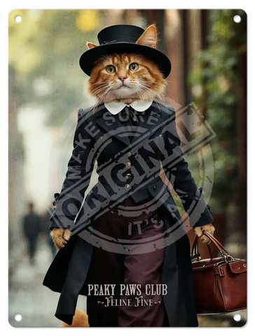 PEAKY PAWS CLUB - FELINE FINE - Ginger Cat With Bag Fridge Magnet Metal Signs