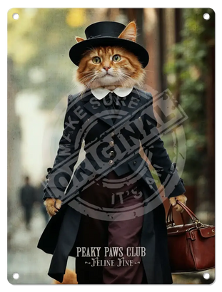 PEAKY PAWS CLUB - FELINE FINE - Ginger Cat With Bag Mini Metal Sign 15cm x 20cm Metal Signs