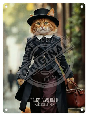 PEAKY PAWS CLUB - FELINE FINE - Ginger Cat With Bag Mini Metal Sign 15cm x 20cm Metal Signs
