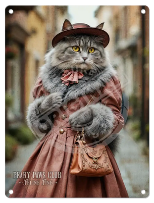 PEAKY PAWS CLUB - FELINE FINE - Grey Tabby Cat Mini Metal Sign 15cm x 20cm Metal Signs