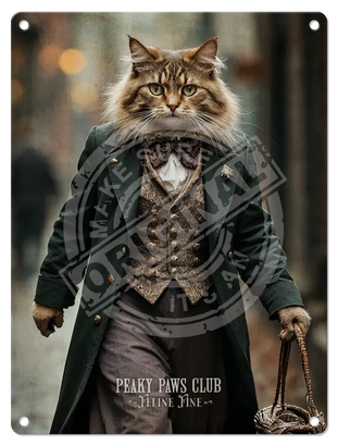 PEAKY PAWS CLUB - FELINE FINE - Maine Coone Cat Mini Metal Sign 15cm x 20cm Metal Signs