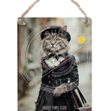 PEAKY PAWS CLUB - FELINE FINE - Tabby Cat Dangler Metal Signs