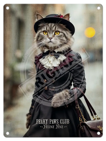 PEAKY PAWS CLUB - FELINE FINE - Tabby Cat Fridge Magnet Metal Signs