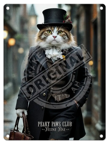 PEAKY PAWS CLUB - FELINE FINE - Tabby Ginger Cat Fridge Magnet Metal Signs