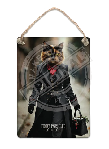PEAKY PAWS CLUB - FELINE FINE - Tortoiseshell Cat Fridge Magnet Metal Signs