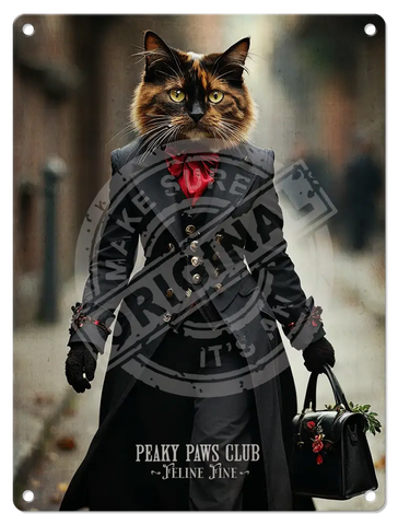 PEAKY PAWS CLUB - FELINE FINE - Tortoiseshell Cat Fridge Magnet Metal Signs