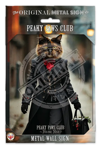 PEAKY PAWS CLUB - FELINE FINE - Tortoiseshell Cat Fridge Magnet Metal Signs