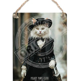 PEAKY PAWS CLUB - FELINE FINE - White Cat Black Hat Dangler Metal Signs