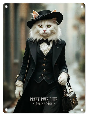 PEAKY PAWS CLUB - FELINE FINE - White Cat Blue Cat Fridge Magnet Metal Signs