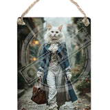 PEAKY PAWS CLUB - FELINE FINE - White Cat Blue Coat Dangler Metal Signs