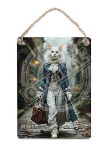 PEAKY PAWS CLUB - FELINE FINE - White Cat Blue Coat Fridge Magnet Metal Signs