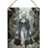 PEAKY PAWS CLUB - FELINE FINE - White Cat Blue Coat Dangler Metal Signs
