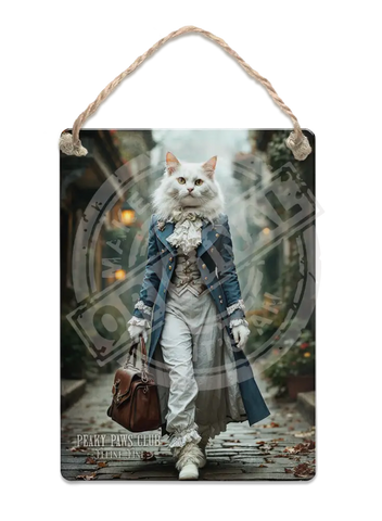 PEAKY PAWS CLUB - FELINE FINE - White Cat Blue Coat Fridge Magnet Metal Signs