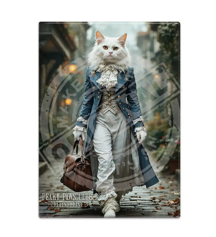 PEAKY PAWS CLUB - FELINE FINE - White Cat Blue Coat Fridge Magnet Metal Signs
