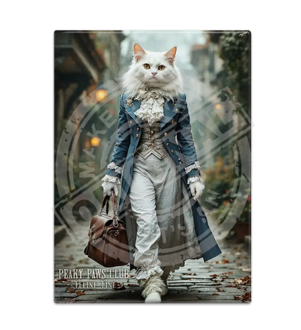 PEAKY PAWS CLUB - FELINE FINE - White Cat Blue Coat Fridge Magnet Metal Signs