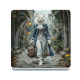 PEAKY PAWS CLUB - FELINE FINE - White Cat Blue Coat Melamine Coaster Metal Signs