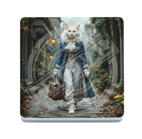 PEAKY PAWS CLUB - FELINE FINE - White Cat Blue Coat Fridge Magnet Metal Signs