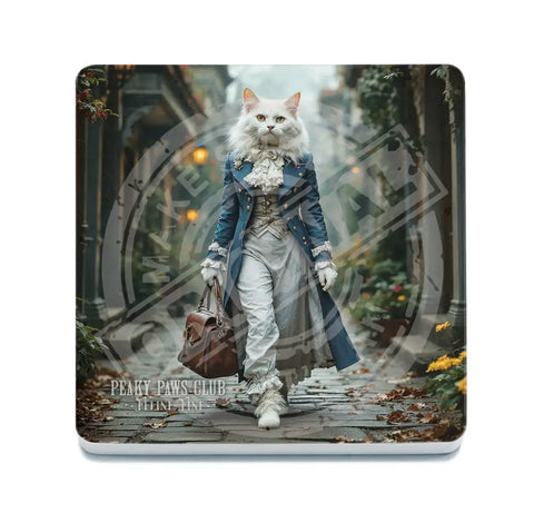 PEAKY PAWS CLUB - FELINE FINE - White Cat Blue Coat Fridge Magnet Metal Signs