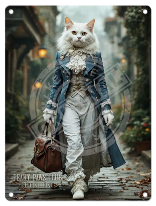 PEAKY PAWS CLUB - FELINE FINE - White Cat Blue Coat Mini Metal Sign 15cm x 20cm Metal Signs