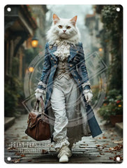 PEAKY PAWS CLUB - FELINE FINE - White Cat Blue Coat Mini Metal Sign 15cm x 20cm Metal Signs