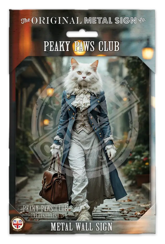 PEAKY PAWS CLUB - FELINE FINE - White Cat Blue Coat Fridge Magnet Metal Signs