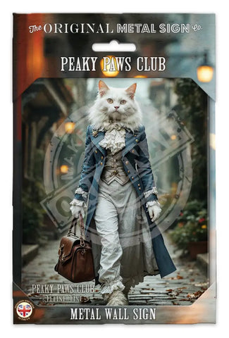 PEAKY PAWS CLUB - FELINE FINE - White Cat Blue Coat Fridge Magnet Metal Signs