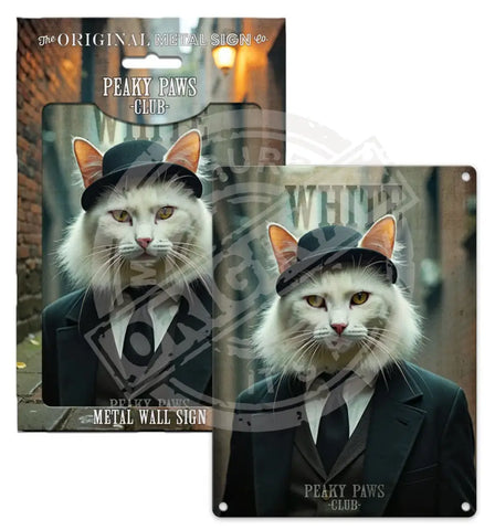 PEAKY PAWS CLUB - White Cat Fridge Magnet Metal Signs