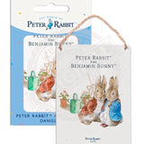 Beatrix Potter Peter Rabbit Benjamin Bunny cuddling metal dangler sign