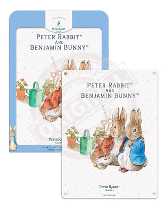 Beatrix Potter Peter Rabbit Benjamin Bunny cuddling metal wall sign