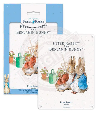 Beatrix Potter Peter Rabbit Benjamin Bunny cuddling metal wall sign