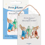 Beatrix Potter Peter Rabbit Benjamin Bunny sitting metal dangler sign