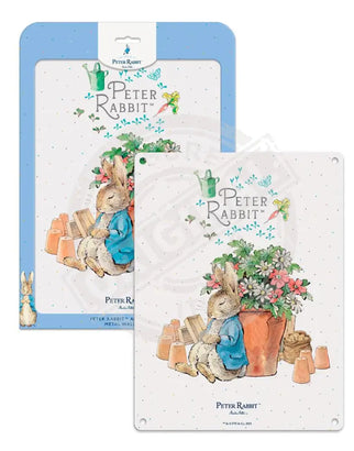 Peter Rabbit asleep next to flower pot metal sign