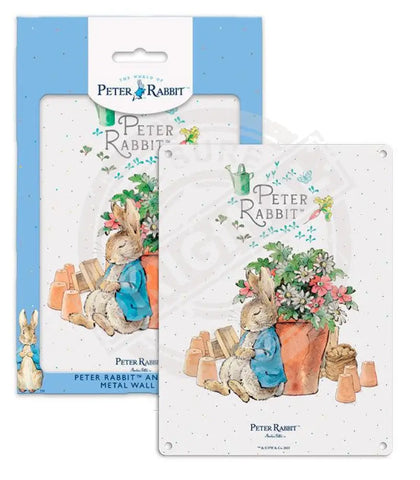 Peter Rabbit asleep next to flower pot metal sign