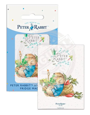 Peter Rabbit asleep next to radish sack metal sign